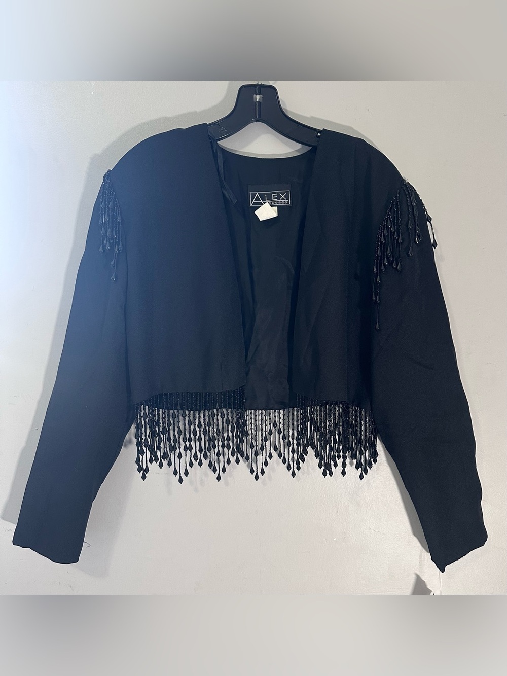 Vintage Alex Evenings Black Beaded Fringe Cropped Cardigan